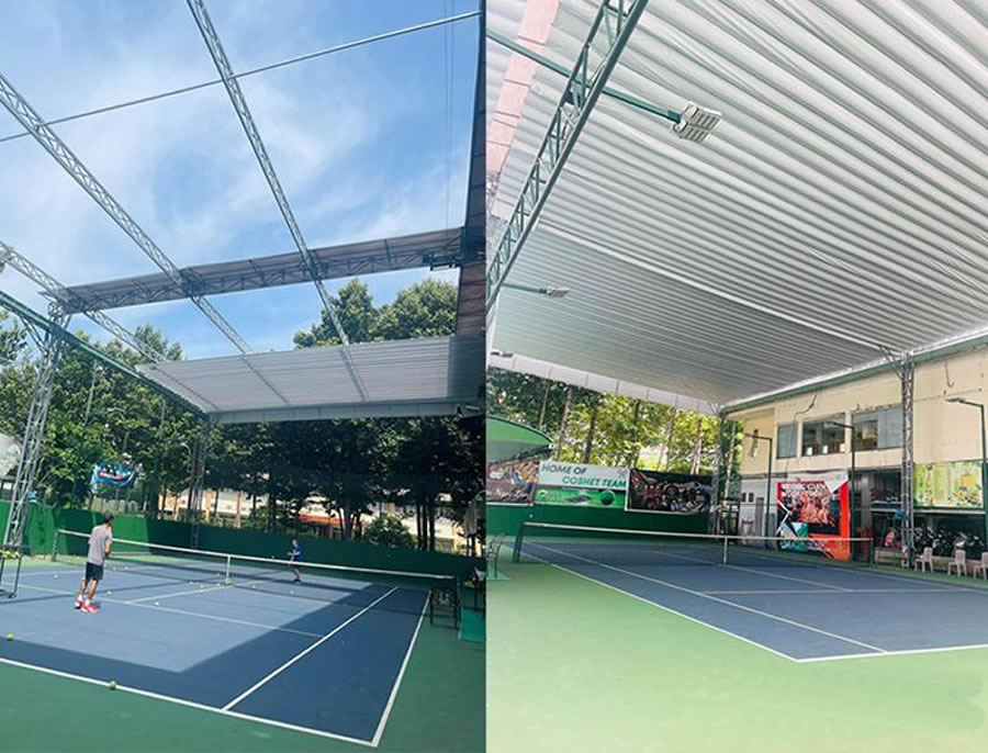 Thi công mái bạt hiện xếp di động sân Pickleball